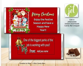 May include: A red candy bar wrapper featuring a festive illustration of Santa, snowmen, and gifts with the text Merry Christmas Enjoy the Festive Season and have a Happy New Year. The reverse side displays gold bells and the text One of the biggest perks of the job is working with you!! From: Add you name. Designed for 1.55oz candy bars.
