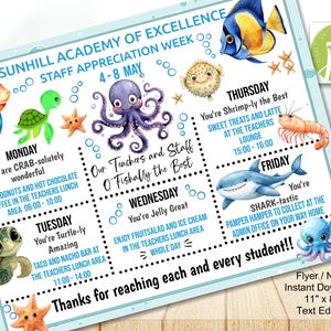 Op de afbeelding: Een lichtblauwe flyer met een aquatisch thema, met cartoonzeedieren en tekst. De flyer promoot de Staff Appreciation Week met dagelijkse activiteiten. Tekst bevat "Sunhill Academy of Excellence". Afmetingen: 27,9 x 21,6 cm.