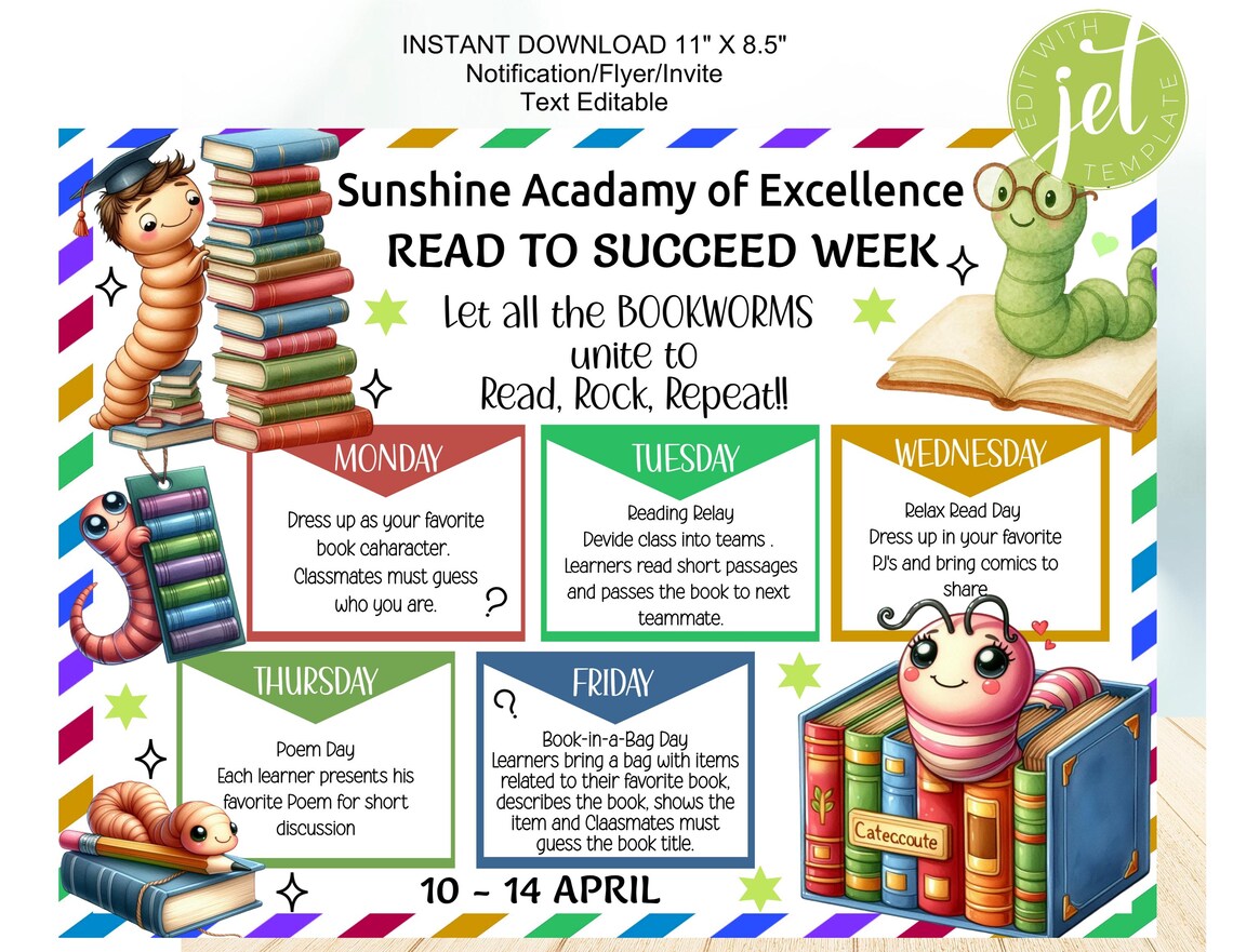Editable Reading Week Flyer, School Itinerary, Literacy Planner ...