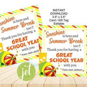 Carte de remerciement modifiable pour professeur, vacances d'été, soleil, merci pour cette excellente année scolaire, téléchargement immédiat, cadeau imprimable