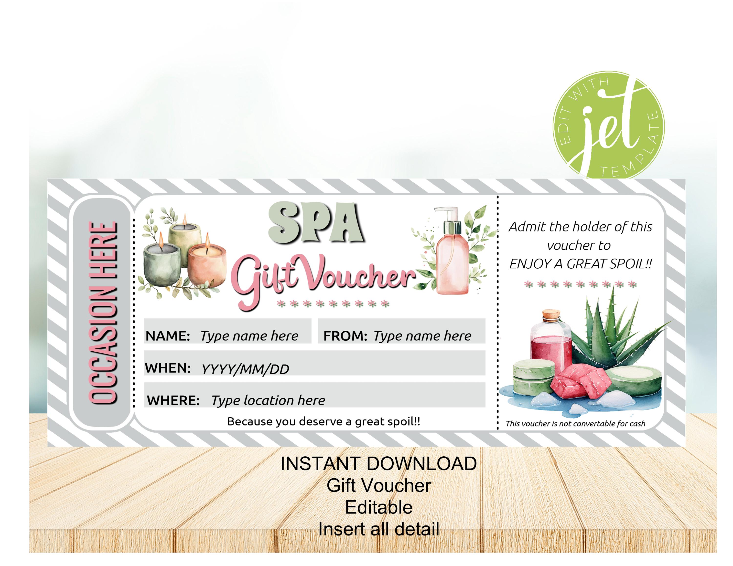 Gift Voucher, Spa Day, Editable, Printable Spa Treat, Add Text, Instant ...