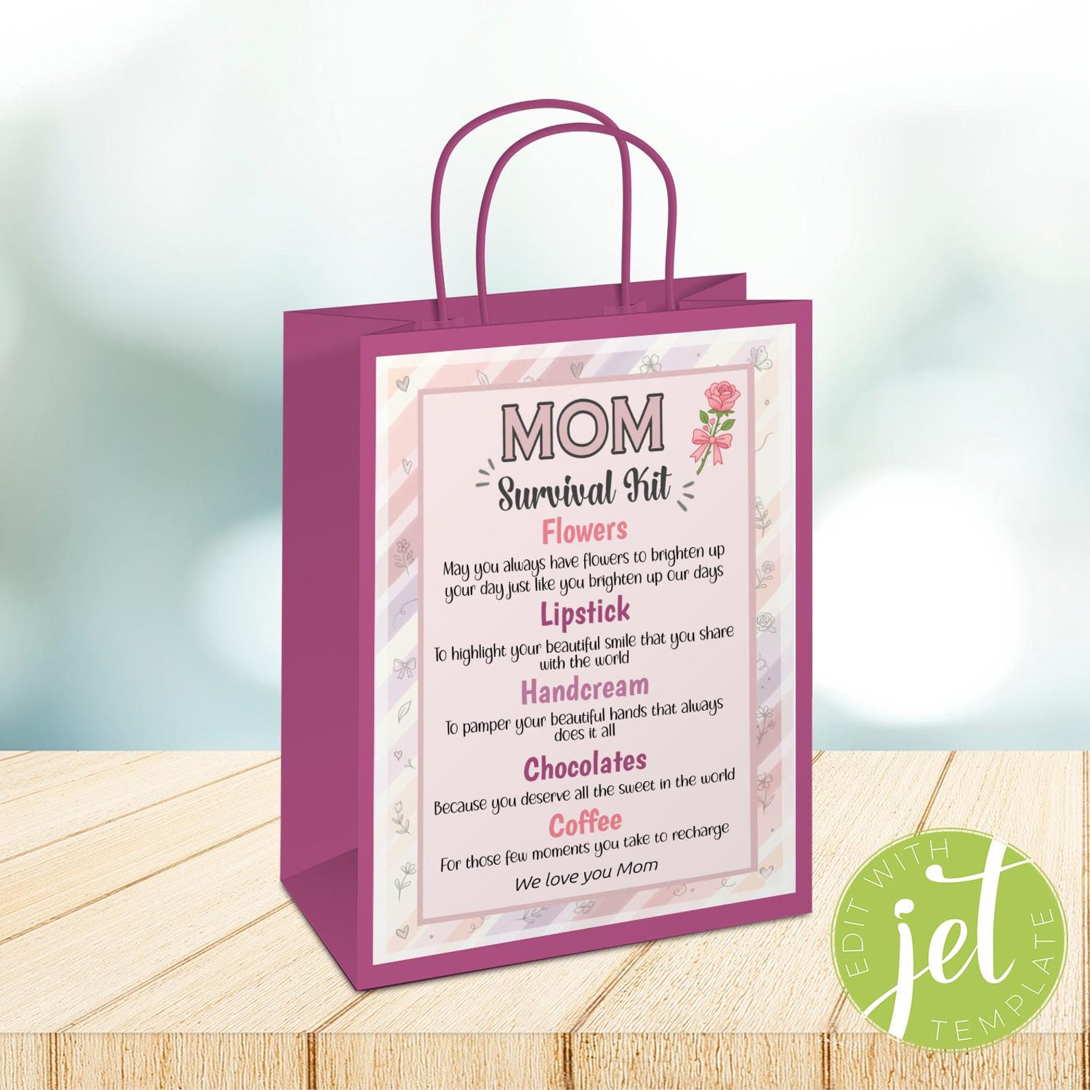 Editable Survival Kit, Mother’s Day Gift Bag, Printable Gift Bag Label ...