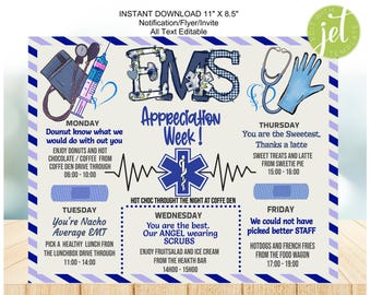 EMS EMT Appreciation Week Editierbarer Flyer, Wochenplan, EMT Care, Held mit Scrubs, Wertschätzung für Notfallhelfer, Leckereien jeden Tag