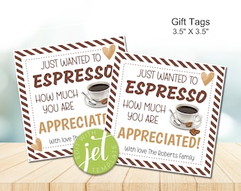 Etichette regalo per caffè espresso modificabili, etichette regalo di ringraziamento, etichette regalo per insegnanti, download immediato, etichetta stampabile, segnalazioni