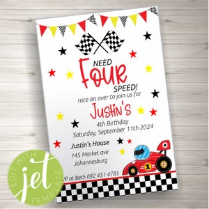 Invitación editable para el cuarto cumpleaños de un coche de carreras de cuatro velocidades, invitación para fiesta de cumpleaños de niño con coche de carreras de cuatro velocidades, fiesta de carreras de coches rojos, descarga instantánea
