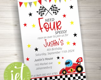 Invitación editable para el cuarto cumpleaños de un coche de carreras de cuatro velocidades, invitación para fiesta de cumpleaños de niño con coche de carreras de cuatro velocidades, fiesta de carreras de coches rojos, descarga instantánea