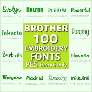 May include: A grid of embroidery fonts in various styles and colors. The central text reads "BROTHER 100 EMBROIDERY FONTS PES format only." Individual font names include Evelyn, Bolton, Plexum, and Powerful.