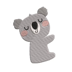 K&ouml;nnte beinhalten: Ein grauer Koala mit geschlossenen Augen und rosa Wangen. Der Koala steht auf seinen Hinterbeinen mit erhobenen Armen.
