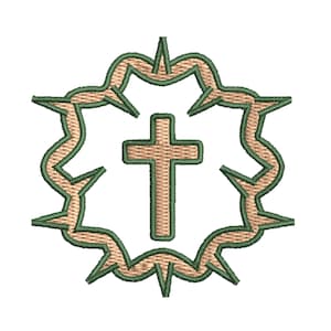May include: A brown cross with a green thorn crown around it. The cross is centered in the crown, which is a circle of thorns.