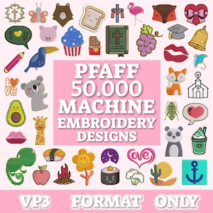 以下が含まれることがあります： 白地に「PFAFF 50.000 MACHINE EMBROIDERY DESIGNS VP3 FORMAT ONLY」というテキストが書かれたピンク色の背景。背景は、十字架、蝶、熊、パンの切れ端、フラミンゴ、キツネ、リボン、ハート、豚、カップケーキ、アメリカ国旗、チョコレートバー、聖書、ブドウの房、唇、ベル、傘、コアラ、アボカド、キリン、虫、パンダ、コーヒーカップ、カメレオン、寿司ロール、ひまわり、三日月、ハート、サボテン、アンカーなど、さまざまなカラフルな刺繍デザインで囲まれています。