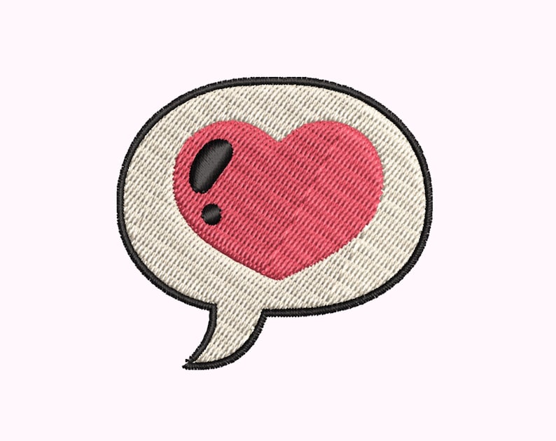 May include: A white speech bubble with a pink heart inside. The heart has a black outline and a small black dot inside.