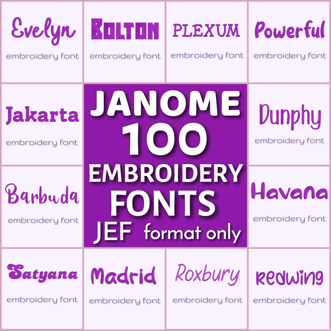 100 Janome Machine Embroidery Fonts, JEF Fonts Pack, Janome Fonts for ...