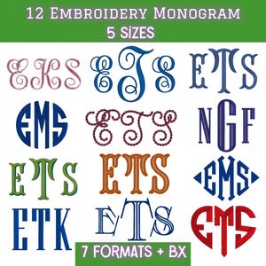Puede incluir: Una colección digital de 12 diseños de monogramas para bordar con varias fuentes y estilos en colores que incluyen azul, rojo, verde y marrón. El texto 12 EMBROIDERY MONOGRAM 5 SIZES y 7 FORMATS + BX aparece en blanco sobre bandas verdes.
