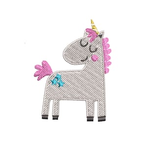 K&ouml;nnte beinhalten: Ein graues Einhorn mit einer rosa M&auml;hne und einem rosa Schwanz, einem goldenen Horn und blauen Sternen an der Seite.
