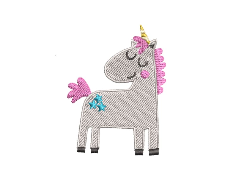 K&ouml;nnte beinhalten: Ein graues Einhorn mit einer rosa M&auml;hne und einem rosa Schwanz, einem goldenen Horn und blauen Sternen an der Seite.