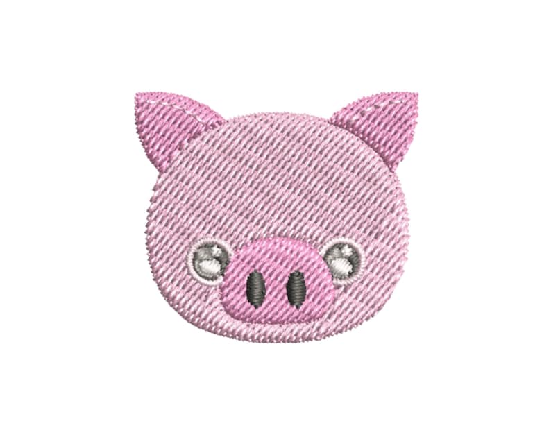 K&ouml;nnte beinhalten: Rosa Schweinegesichts-Stickerei mit schwarzen Augen und einer rosa Schnauze.
