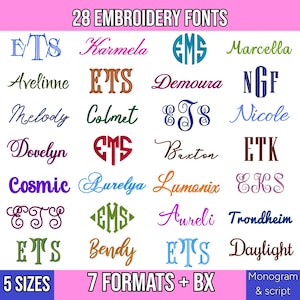Puede incluir: Una pantalla digital que muestra 28 fuentes de bordado en varios colores y estilos, incluyendo monogramas y letras cursivas. El texto en la parte superior dice 28 EMBROIDERY FONTS, y el texto inferior dice 5 SIZES, 7 FORMATS + BX, y Monogram & script.