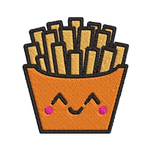 May include: A cartoon illustration of a box of french fries with a smiling face and pink cheeks. The fries are yellow and the box is orange.