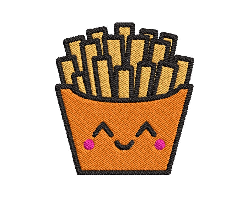 May include: A cartoon illustration of a box of french fries with a smiling face and pink cheeks. The fries are yellow and the box is orange.