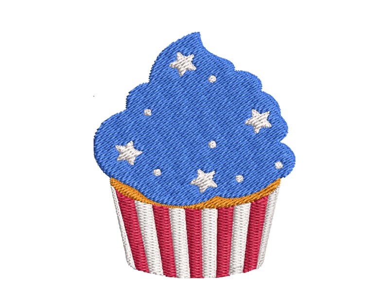 May include: A blue cupcake with white stars and a red and white striped bottom. The cupcake is decorated in the style of the American flag.