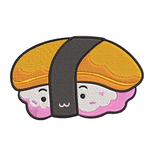 K&ouml;nnte beinhalten: Eine Cartoon-Sushi-Rolle mit einem l&auml;chelnden Gesicht. Das Sushi ist in einen schwarzen Seetangstreifen gewickelt und hat ein gelbes Eiomelett oben drauf. Das Innere des Sushis ist rosa.