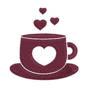 May include: A maroon coffee cup with a heart-shaped cutout and a saucer. Three small hearts are floating above the cup, suggesting steam.