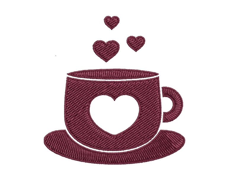 May include: A maroon coffee cup with a heart-shaped cutout and a saucer. Three small hearts are floating above the cup, suggesting steam.