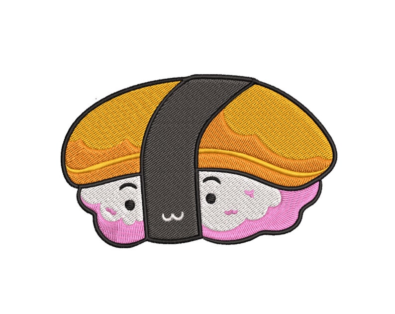 May include: A cartoon sushi roll with a smiling face. The sushi is wrapped in seaweed and has a yellow egg topping. The sushi is pink on the inside.