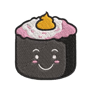 K&ouml;nnte beinhalten: Eine Cartoon-Sushi-Rolle mit einer rosa-wei&szlig;en F&uuml;llung, einem gelben Belag und einem l&auml;chelnden Gesicht.