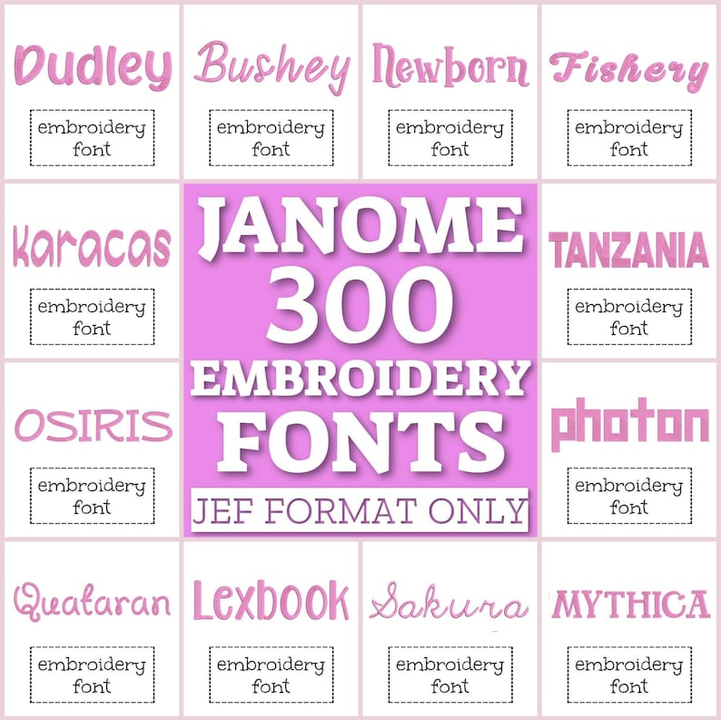 300 Janome maskinfonter, JEF-fontuppsättning, maskinbroderifonter, Janome fontpaket, JEF-bokstäverpaket, broderi Janome monogramalfabet bild 1
