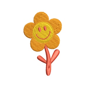 K&ouml;nnte beinhalten: Eine gelbe Blume mit einem l&auml;chelnden Gesicht und einem orangefarbenen Stiel. Die Blume hat sechs Bl&uuml;tenbl&auml;tter.
