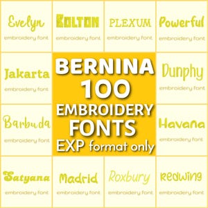 以下が含まれることがあります： さまざまなスタイルと色の刺繍フォントのグリッド。中央のテキストは「BERNINA 100 EMBROIDERY FONTS EXP format only」と表示されています。フォント名には、Evelyn、Kolton、Plexum、Powerful、Jakarta、Dunphy、Barbuda、Havana、Satyana、Madrid、Roxbury、Redwingが含まれています。