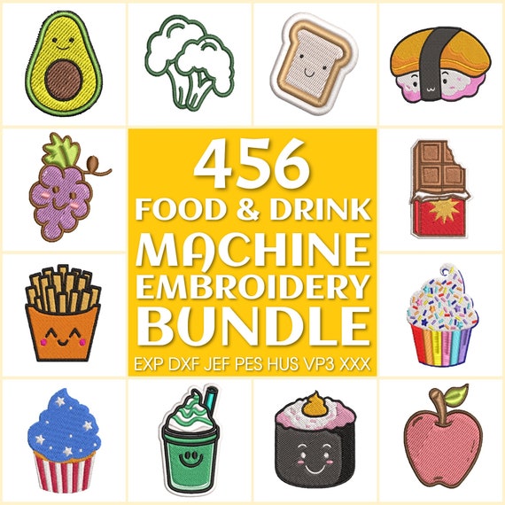 456 Food embroidery bundle, machine embroidery files, embroidery design, drinks embroidery set, embroidery patterns, food embroidery pack