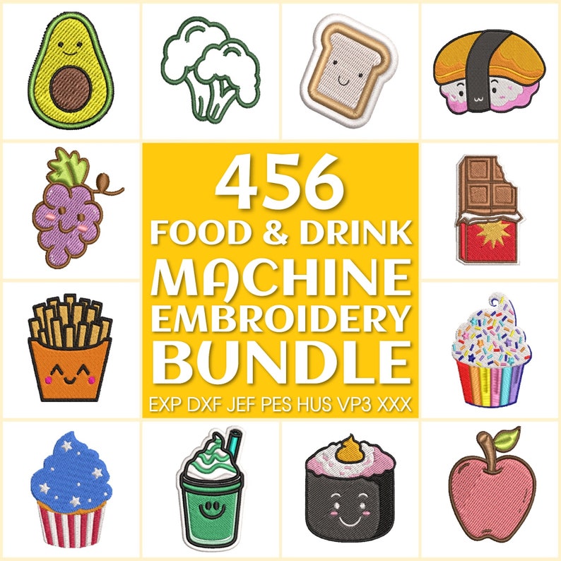 K&ouml;nnte beinhalten: Ein Set mit 456 Stickmotiven f&uuml;r eine N&auml;hmaschine mit verschiedenen Speisen und Getr&auml;nken. Die Motive umfassen eine Avocado, Brokkoli, Brot, Sushi, Trauben, Pommes Frites, eine Schokoladentafel, einen Cupcake, einen Cupcake mit amerikanischem Flaggenfrosting, einen Milchshake, einen Kuchen mit einer Kirsche obenauf und einen Apfel. Der Text "456 FOOD & DRINK MACHINE EMBROIDERY BUNDLE EXP DXF JEF PES HUS VP3 XXX" ist auf gelbem Hintergrund dargestellt.