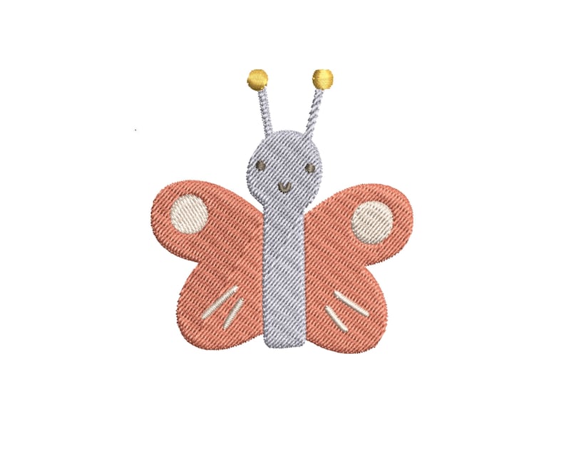 K&ouml;nnte beinhalten: Ein s&uuml;&szlig;er Cartoon-Schmetterling mit orangefarbenen Fl&uuml;geln und einem grauen K&ouml;rper. Der Schmetterling hat zwei kleine gelbe F&uuml;hler und ein l&auml;chelndes Gesicht.