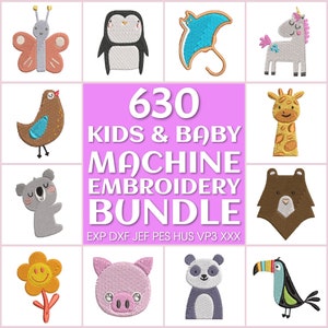 Peut inclure: Un ensemble de 630 motifs de broderie machine pour enfants et bébés. Les motifs comprennent une variété d'animaux, tels qu'un papillon, un pingouin, une raie manta, une licorne, un oiseau, une girafe, un koala, un ours, une fleur, un cochon, un panda et un toucan. Les motifs sont de couleurs et de styles variés. EXP DXF JEF PES HUS VP3 XXX