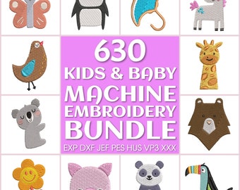 630 Kids embroidery files bundle, machine embroidery design, baby embroidery, newborn cute embroidery pattern, animals embroidery pack