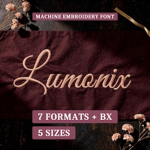 Luminix script borduurlettertype, formele kalligrafieletters voor machinaal borduren, alle formaten en BX-lettertypen.
