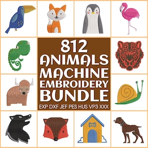 May include: An embroidery bundle featuring various animal designs, including a toucan, fox, penguin, flamingo, chameleon, yak, tiger, snail, wolf, dog house, dog, and fox. The text reads "812 ANIMALS MACHINE EMBROIDERY BUNDLE".