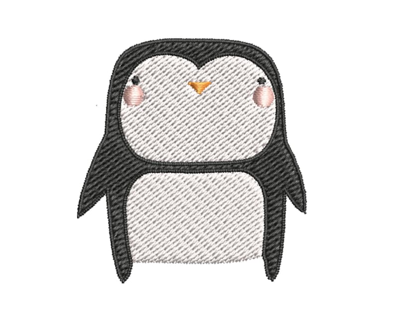 May include: A black and white cartoon penguin with pink cheeks and an orange beak. The penguin is standing on a white background.