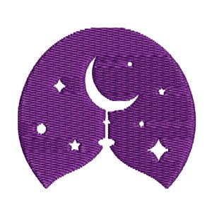 May include: Purple fabric with a white crescent moon and stars design. The moon is centered and the stars are scattered around it.