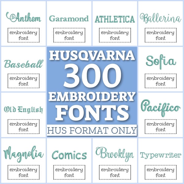 300 Husqvarna fonts, HUS fonts pack, embroidery fonts, Husqvarna fonts set, HUS fonts bundle, HUS letters, fonts for embroidery monogram