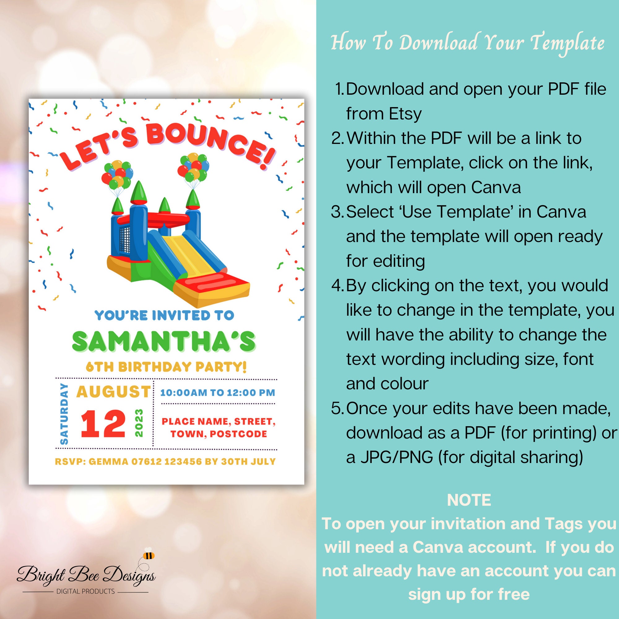 Bounce Birthday Party Invitation for Kids. Printable Bouncy Castle ...