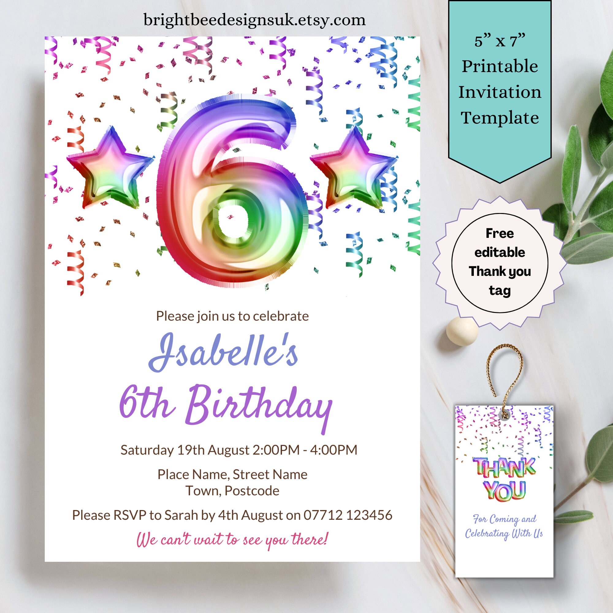 Editable Rainbow 6th Birthday Invitation Template, Confetti Birthday ...