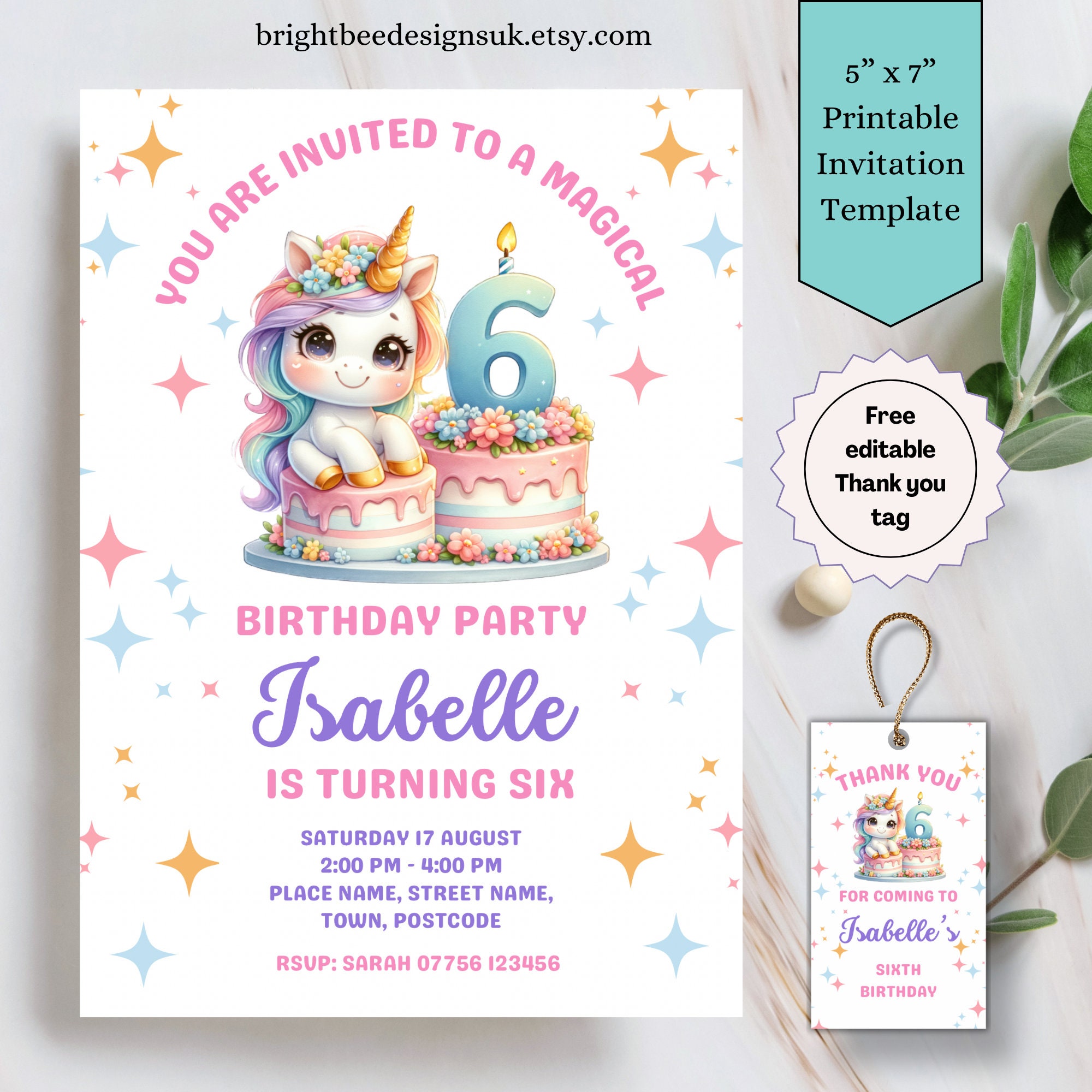 Printable Unicorn 6th Birthday Party Invitation Template, Girls 6th ...
