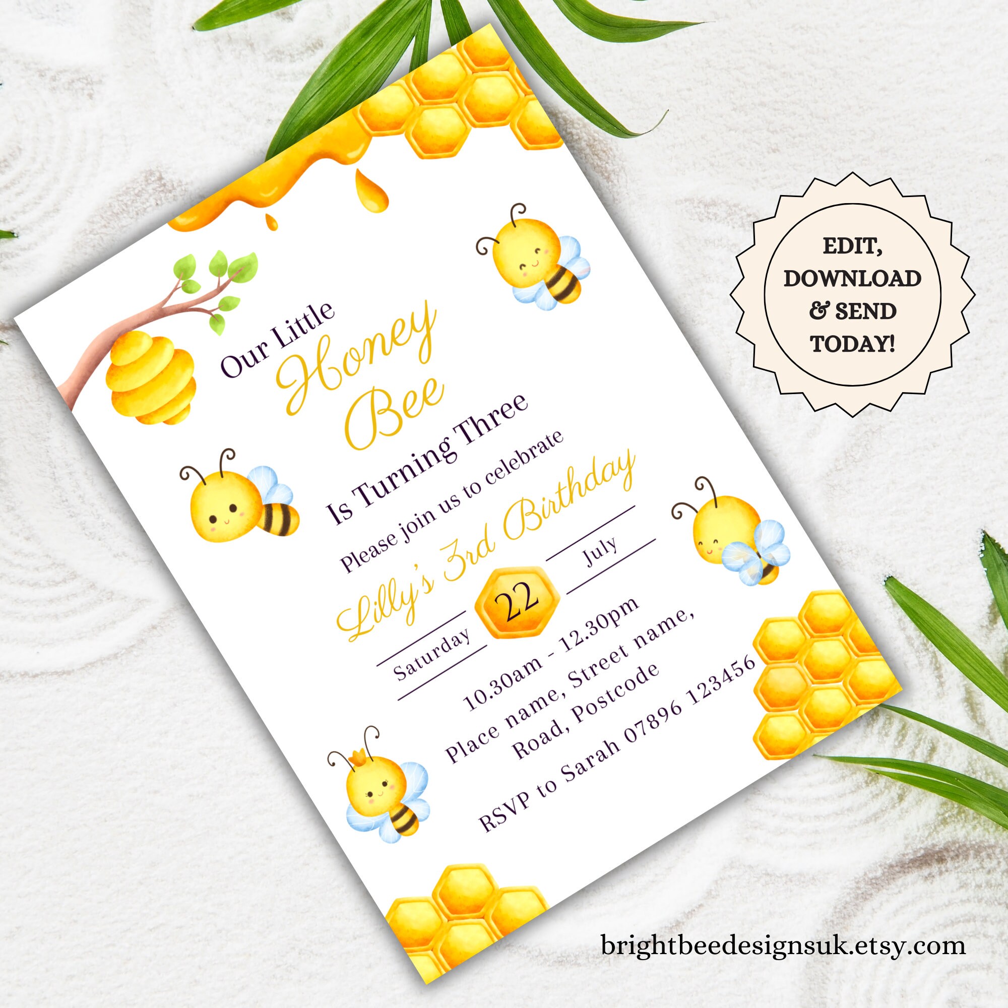 Printable Honey Bee Birthday Party Invitation Template, Editable Bee ...