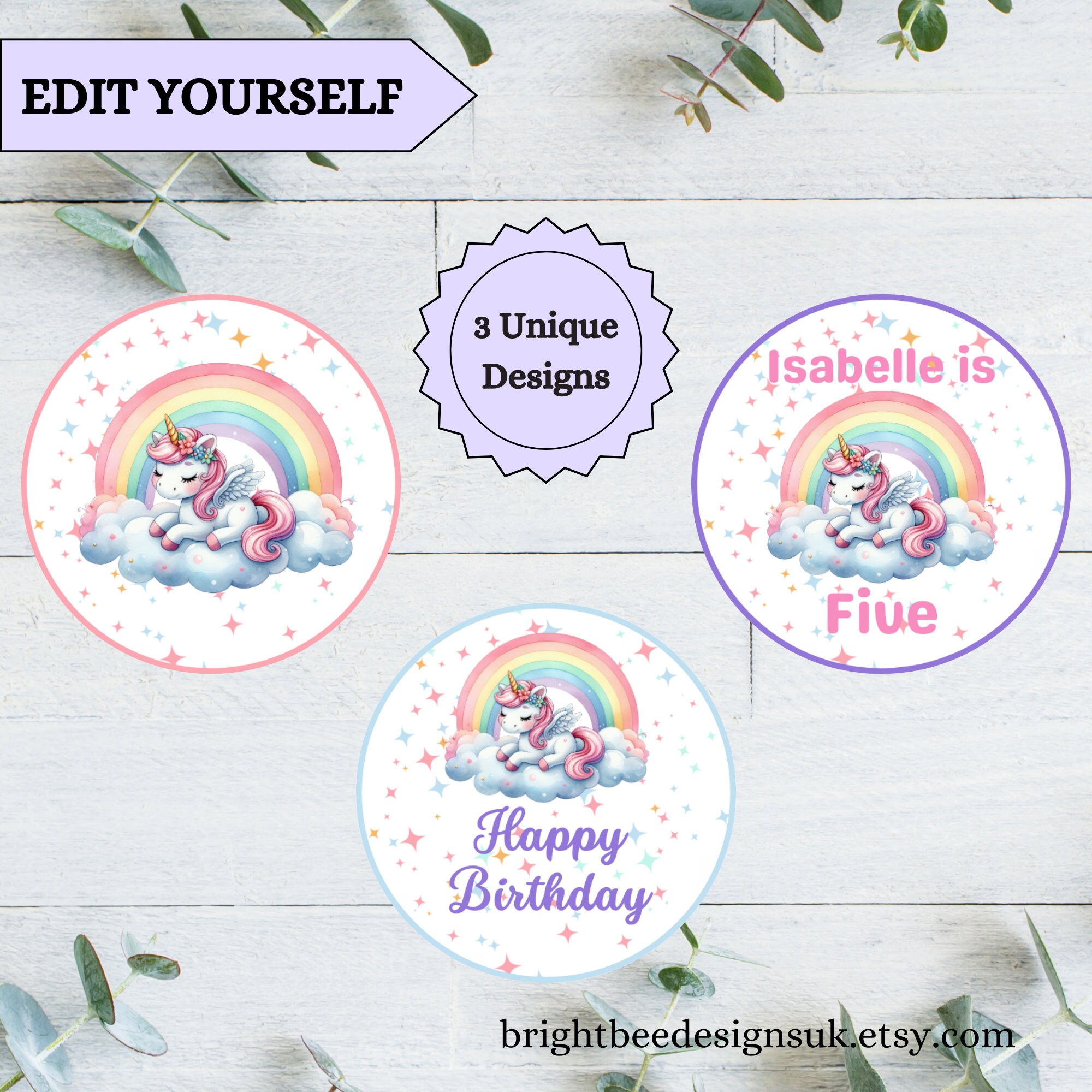 Printable Unicorn Cupcake Topper Editable Kids Birthday Rainbow Unicorn ...