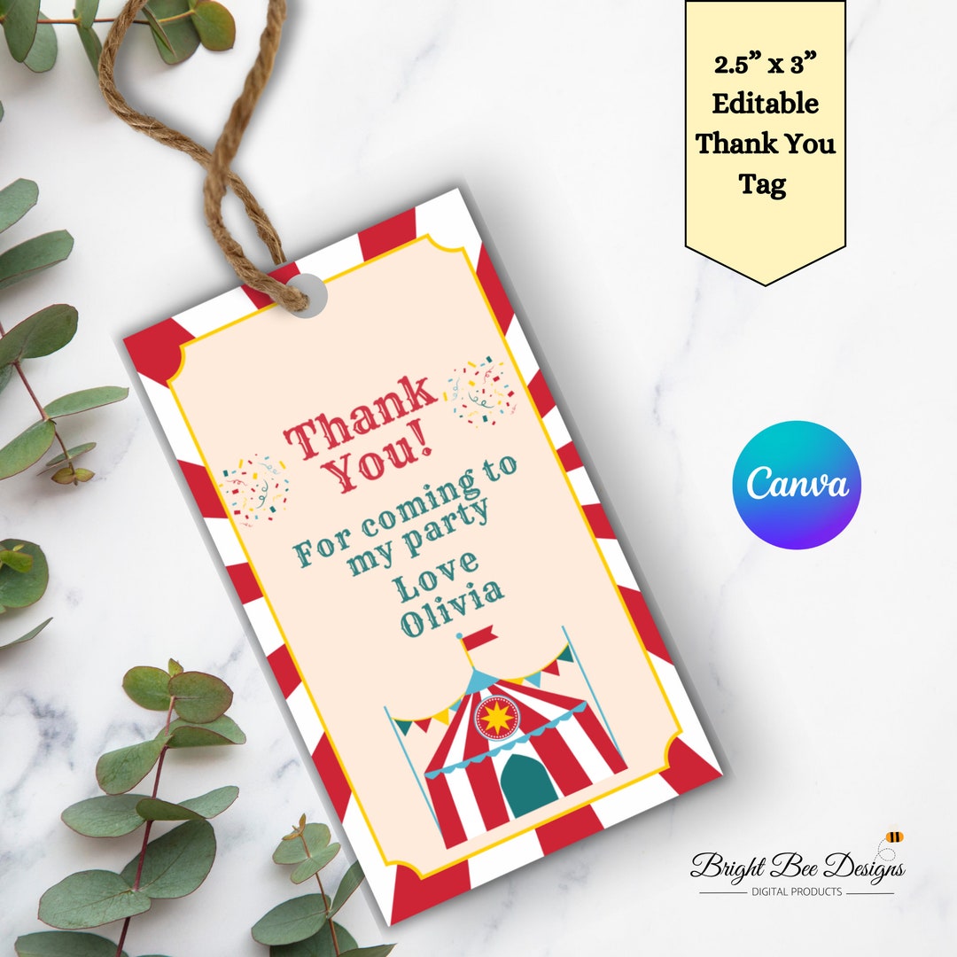Editable Carnival Gift Tag, Circus Thank You Tag, Carnival Circus Party ...