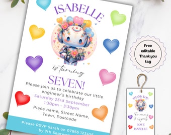 Printable Robot Birthday Party Invitation Template, Girls Birthday Invite, Girls Robot Rainbow Heart Party Invite, Girls Party Invitations