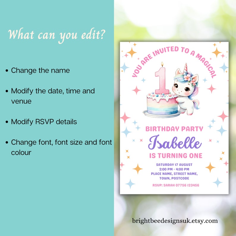 Printable Unicorn 1st Birthday Party Invitation Template Girls First ...